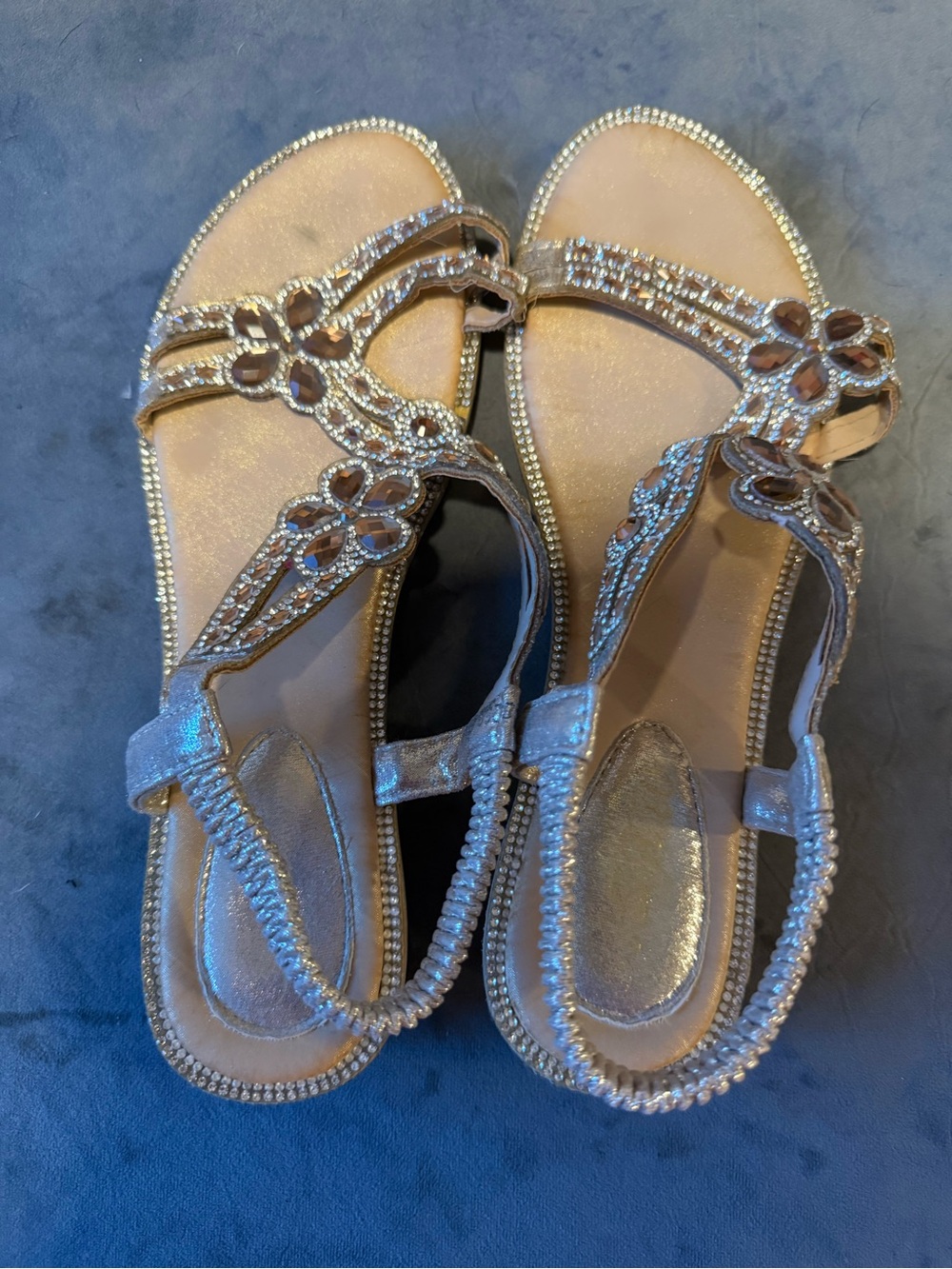 Women's Embellished Metallic Rosegold T-Strap Sandals
